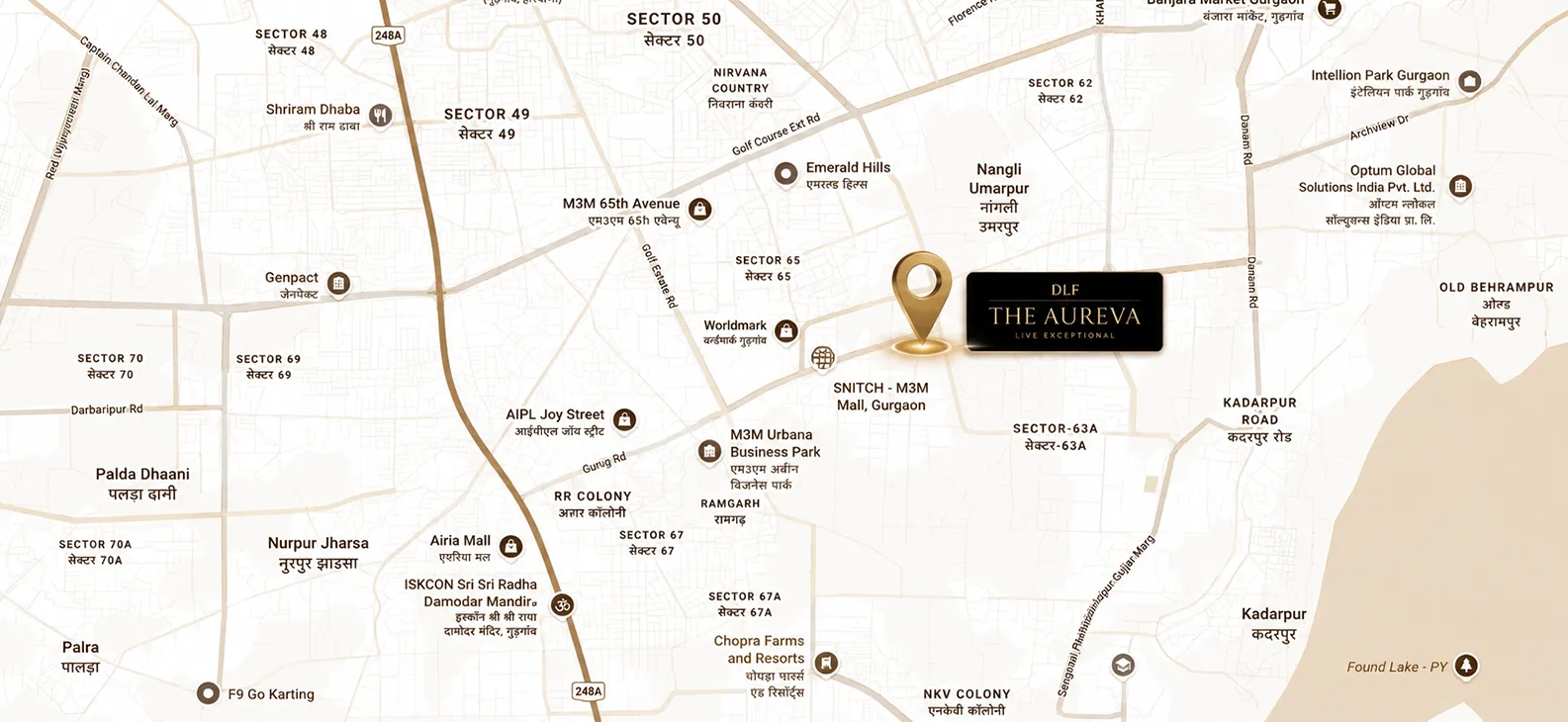 DLF The Aureva location map, Sector 63 Golf Course Extension Road Gurgaon